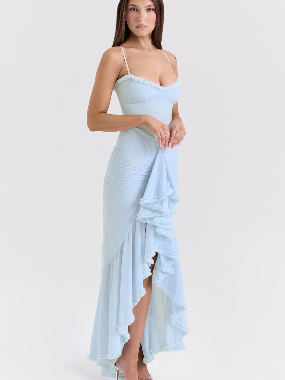 House of CB Gabbi Ice Blue Mesh Ruffled Front Gown With Tag - Picture 6 of 14